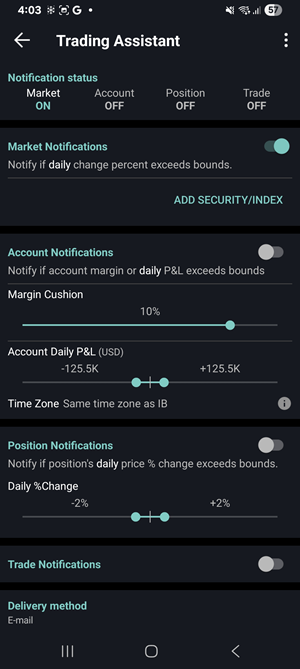 The trading assistant settings on the Android Phone